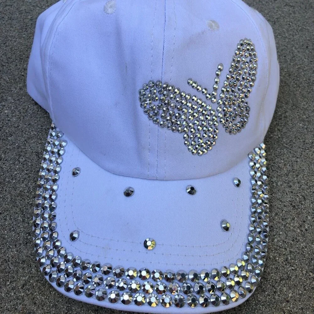 Custom Studded Butterfly Hat Women's 100% Cotton White Adjustable Cap​​